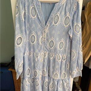 Chic Long Sleeve Blue Eyelet Dress